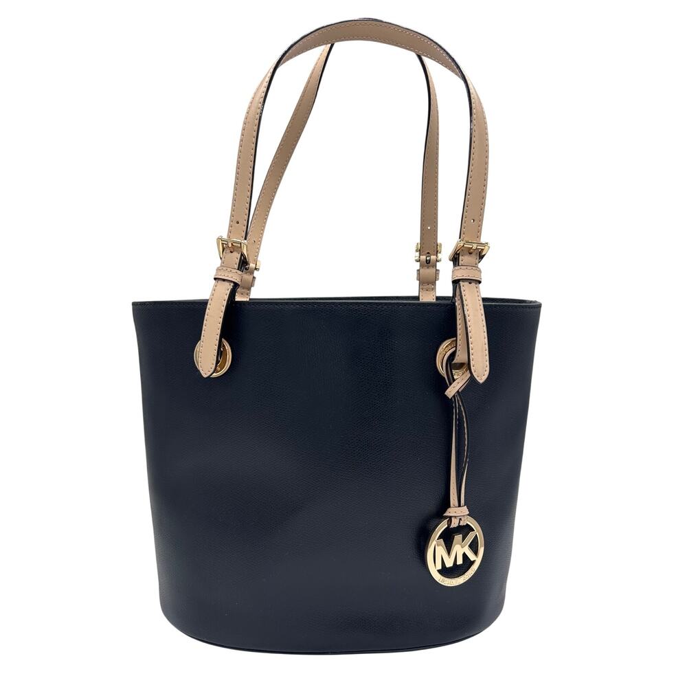 Michael Kors Black Leather Medium Tote with Beige Straps and Gold Hardware NWT
